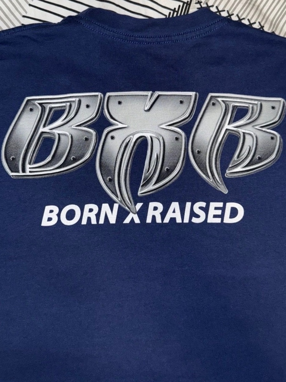 BORN X RAISED Navy Tee with Metallic Silver BXR Logo